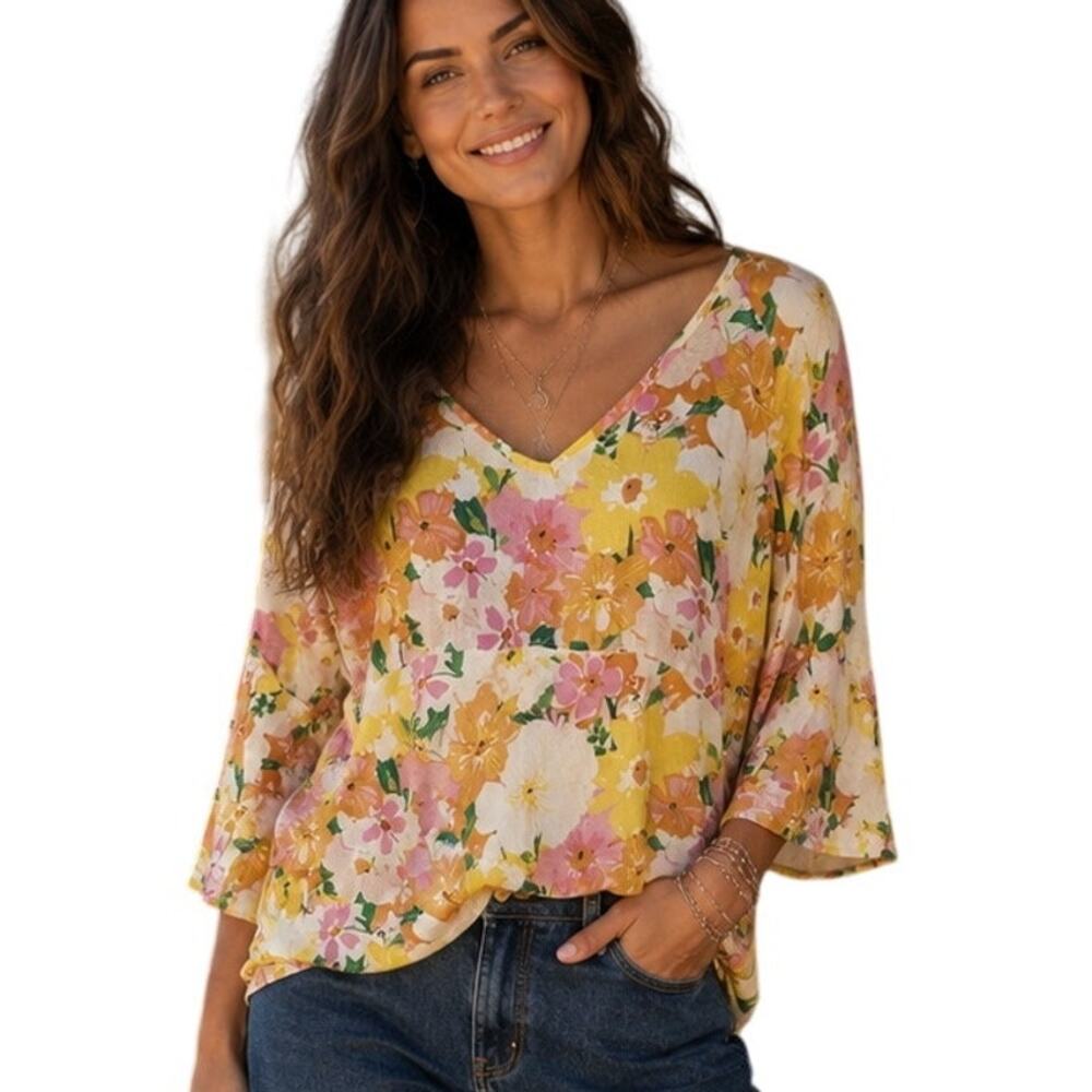 Rachel Zoe Floral Bell Sleeve Top Womens Medium Yellow Pink Babydoll Boho Blouse